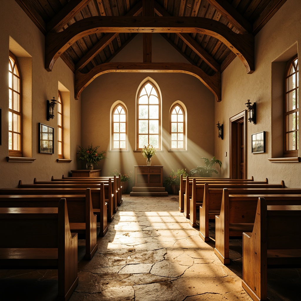 Prompt: Rustic village chapel, wooden pews, stained glass windows, vaulted ceilings, warm golden light, soft diffused illumination, natural stone walls, earthy tones, serene atmosphere, peaceful ambiance, subtle shadows, gentle highlights, morning sunbeams, afternoon glow, warm beige colors, traditional architecture, ornate decorations, intricate carvings, cultural heritage, spiritual significance, devotional artifacts, sacred symbols, mystical aura.