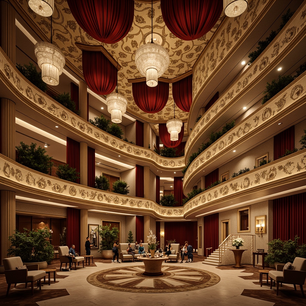 Prompt: Elegant amphitheater interior, ornate Art Deco patterns, textured surfaces, metallic accents, curved lines, opulent chandeliers, luxurious fabrics, intricate mosaics, polished marble floors, grand staircases, lavish furnishings, warm golden lighting, shallow depth of field, 1/2 composition, realistic reflections, ambient occlusion.