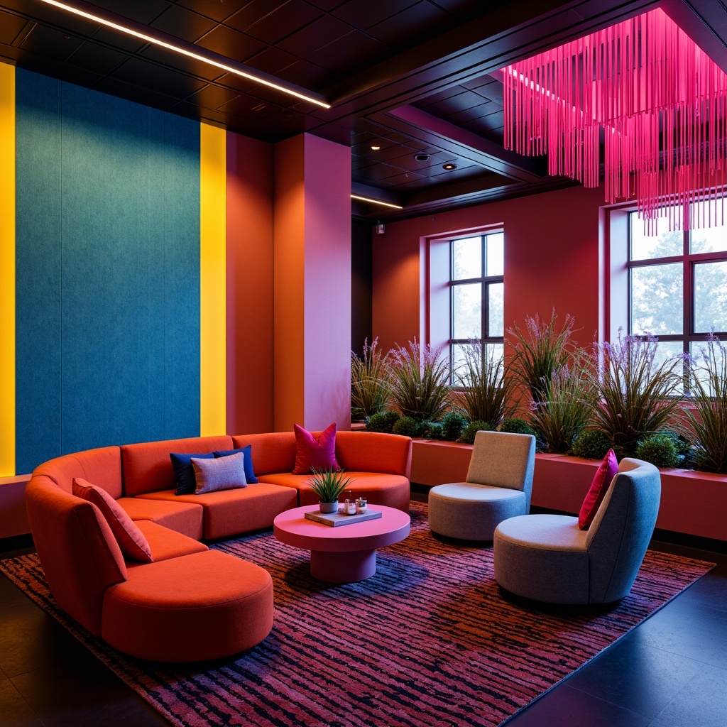 Prompt: Vibrant modern interior, accent walls, bold color statements, statement furniture pieces, contrasting textures, luxurious fabrics, metallic accents, geometric patterns, abstract artwork, LED lighting installations, futuristic ambiance, 1/1 composition, shallow depth of field, cinematic mood lighting.