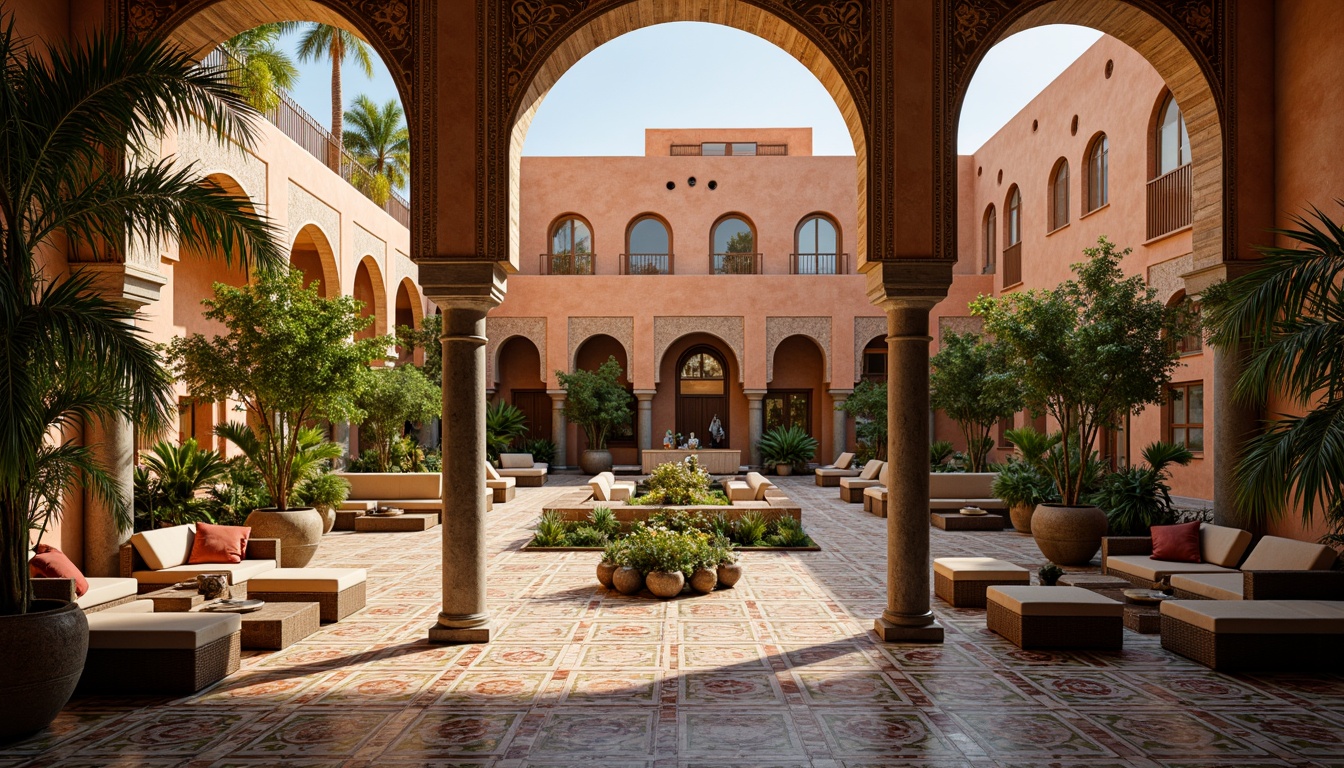 Prompt: Vibrant Moroccan riad, intricately patterned zellij tiles, ornate Arabic archways, lush greenery, colorful textiles, Islamic geometric motifs, warm golden lighting, cozy seating areas, traditional Moorish architecture, curved lines, symmetrical composition, cultural heritage, rich history, exotic ambiance, warm sunny day, soft focus, shallow depth of field.