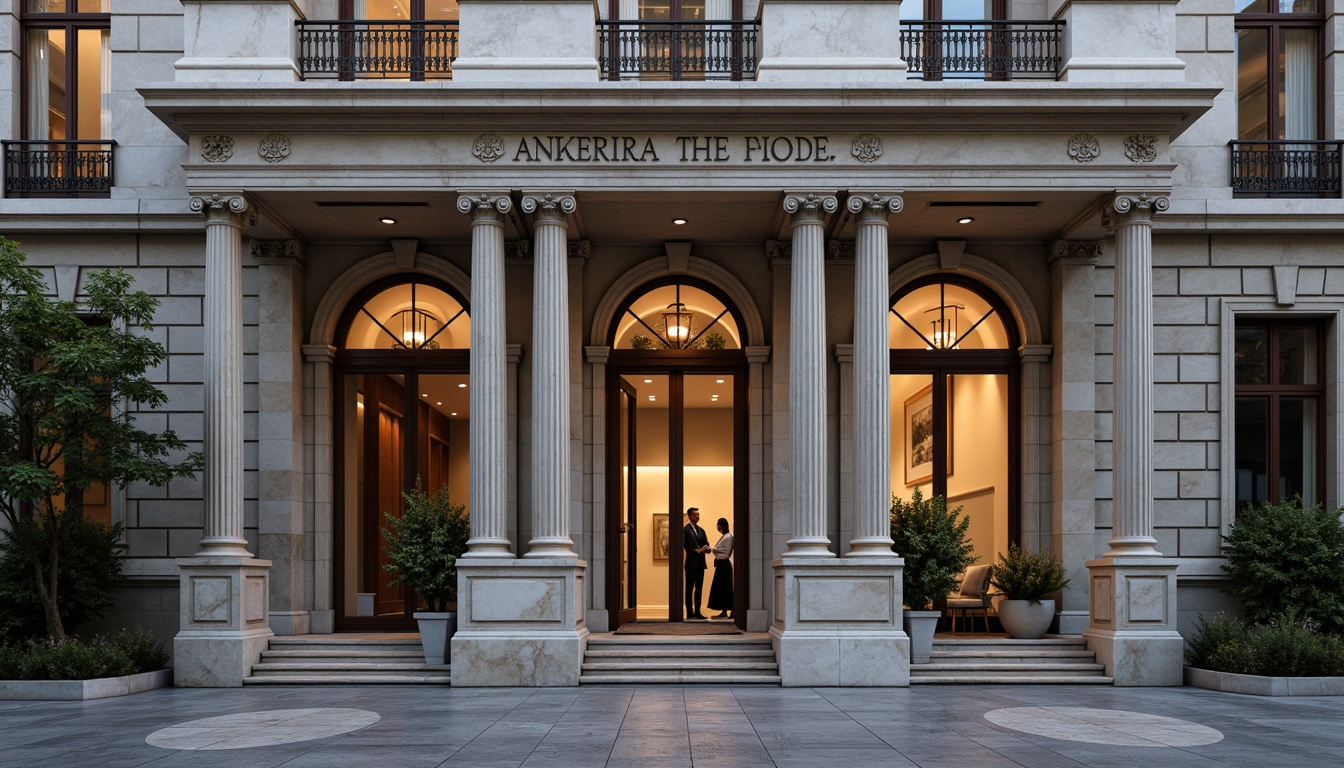 Prompt: Elegant neoclassical building facade, Corinthian columns, ornate capitals, intricately carved marble details, symmetrical composition, grand entrance, imposing stone walls, rusticated base, arched windows, decorative balconies, classical statues, subtle warm lighting, shallow depth of field, 2/3 composition, panoramic view, realistic textures, ambient occlusion.