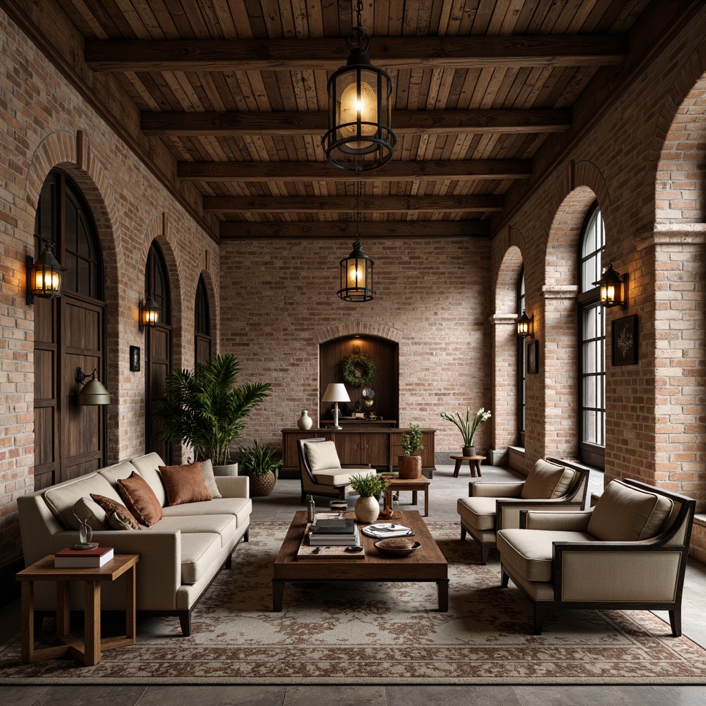 Prompt: Rustic warehouse interior, distressed wooden beams, vintage metal lanterns, worn brick walls, French country-inspired furniture, distressed leather sofas, reclaimed wood coffee tables, ornate metal frames, soft velvet armchairs, natural stone flooring, earthy color palette, warm ambient lighting, shallow depth of field, 1/2 composition, realistic textures, atmospheric rendering.