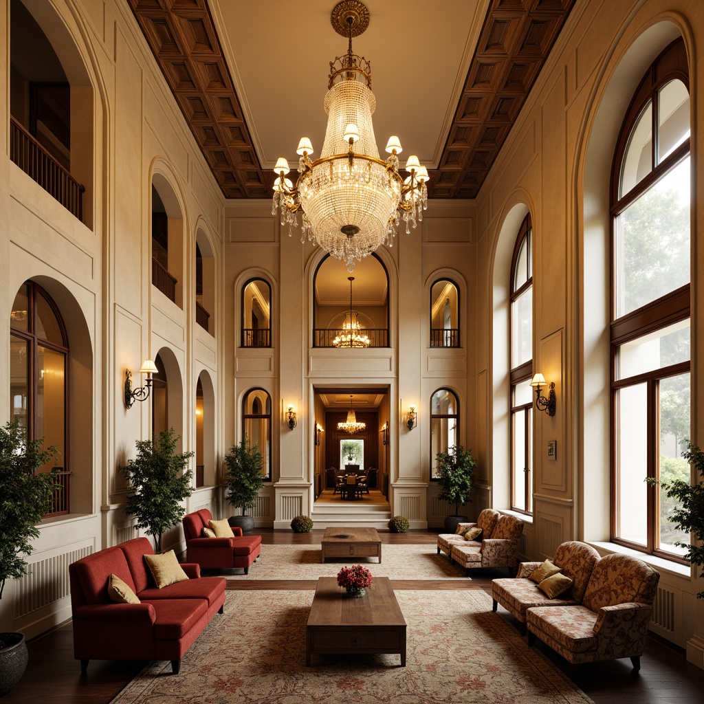 Prompt: Grand chandelier, ornate mirrors, rich wood paneling, cream-colored walls, high ceilings, elegant archways, refined furniture, velvet upholstery, golden accents, intricate carvings, luxurious fabrics, patterned rugs, majestic columns, symmetrical layout, soft warm lighting, shallow depth of field, 1/1 composition, realistic textures, ambient occlusion.