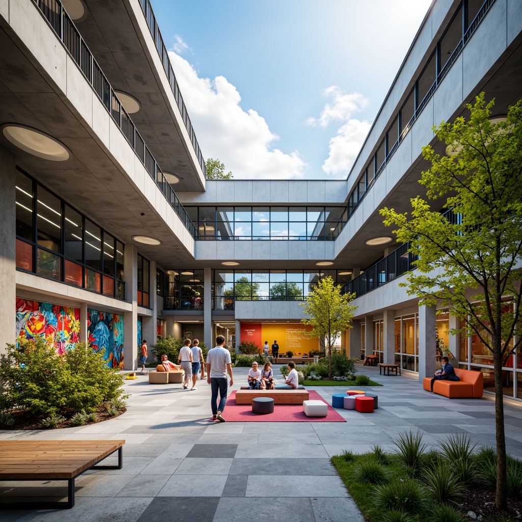 Prompt: Vibrant youth center, open-air courtyard, modern minimalist architecture, sleek metal beams, polished concrete floors, natural stone walls, abundant greenery, colorful street art, flexible seating areas, interactive installations, collaborative workspaces, state-of-the-art technology, LED lighting systems, circular skylights, panoramic views, shallow depth of field, 3/4 composition, warm and inviting atmosphere, soft diffused lighting.