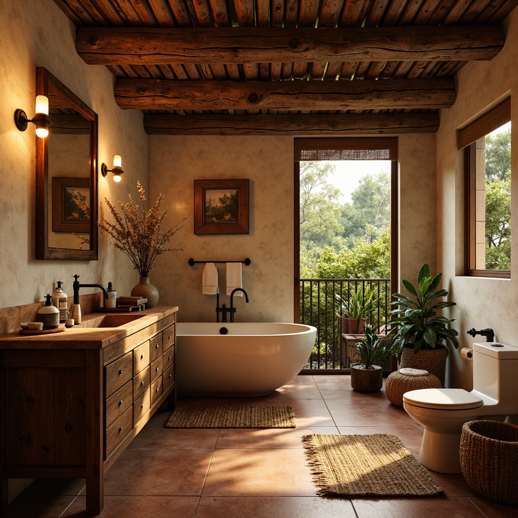 Prompt: Cozy bathroom retreat, warm earthy tones, reclaimed wood accents, natural stone walls, rustic metal fixtures, soft golden lighting, woven textiles, vintage apothecary decor, distressed wooden cabinetry, earthy terracotta flooring, organic shapes, nature-inspired patterns, muted color palette, inviting ambiance, relaxing atmosphere, shallow depth of field, 1/1 composition, warm white balance, realistic textures, ambient occlusion.