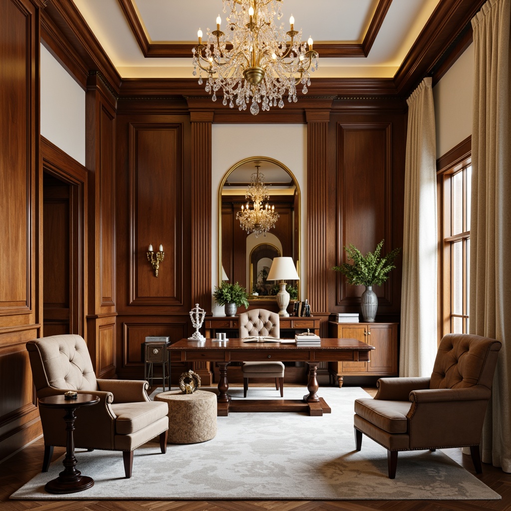 Prompt: Elegant home office, rich wood paneling, ornate moldings, cream-colored walls, crystal chandeliers, luxurious fabrics, tufted leather armchairs, carved wooden desks, golden accents, classic columns, subtle archways, refined furniture legs, velvet drapes, soft warm lighting, 1/1 composition, realistic textures, ambient occlusion.