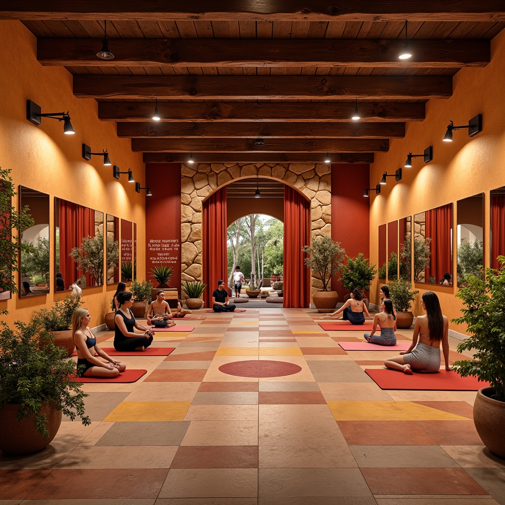 Prompt: Vibrant southwestern gym interior, rubber flooring, bold color schemes, textured patterns, terracotta accents, stucco walls, wooden beams, natural stone features, rustic metal fixtures, ambient lighting, panoramic mirrors, motivational quotes, athletic equipment, free weights, exercise machines, yoga mats, meditation areas, tranquil ambiance, warm earthy tones, desert-inspired decor, cactus plants, abstract geometric patterns.