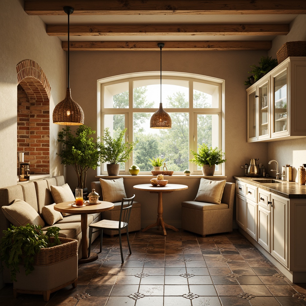 Prompt: Cozy breakfast nook, warm beige tones, soft natural light, plush cushions, wooden accents, rustic farmhouse tables, vintage metal chairs, creamy white cabinets, decorative ceramic tiles, earthy stone flooring, lush greenery, woven wicker baskets, rattan pendant lights, warm golden lighting, shallow depth of field, 1/1 composition, realistic textures, ambient occlusion.