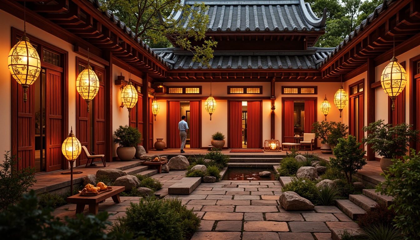 Prompt: Warm traditional cultural center, ornate lanterns, soft warm lighting, golden accents, rich wooden textures, intricate carvings, vibrant red doors, auspicious couplets, serene courtyard gardens, natural stone pathways, elegant water features, peaceful koi ponds, subtle misting systems, warm candlelight, ambient shadows, 1/2 composition, shallow depth of field, realistic rendering.