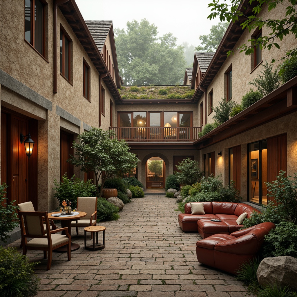 Prompt: Earthy university campus, rustic wooden accents, warm beige stonework, distressed brick walls, vintage metal lanterns, moss-covered roofs, natural stone pathways, cozy library nooks, worn leather furniture, rich wood tones, earthy reds, muted greens, weathered copper, soft golden lighting, atmospheric mist, 1/1 composition, intimate scale, realistic textures, ambient occlusion.