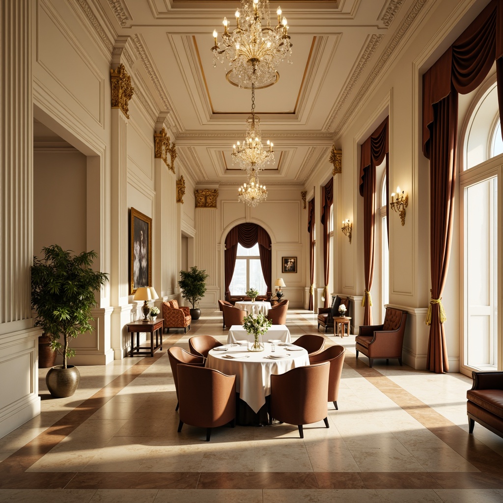 Prompt: Elegant dining hall, neoclassical architecture, cream-colored walls, rich wood paneling, ornate moldings, gilded details, crystal chandeliers, soft beige marble floors, velvet drapes, majestic columns, refined furniture, luxurious fabrics, warm golden lighting, subtle shadowing, 1/2 composition, intimate atmosphere, realistic textures, ambient occlusion.