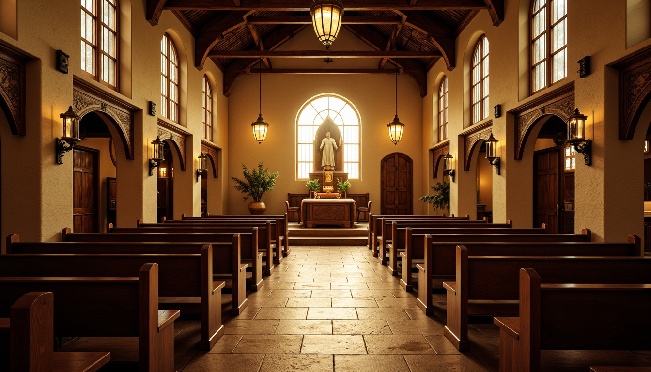 Prompt: Rustic prayer hall, wooden pews, stained glass windows, warm golden light, soft diffused illumination, lantern-inspired chandeliers, traditional stone walls, earthy tone flooring, ornate wooden altars, intricate carvings, vaulted ceilings, clerestory windows, serene ambiance, peaceful atmosphere, natural materials, handmade crafts, subtle shading, high contrast ratio, dramatic lighting effects, 1/2 composition, realistic textures.