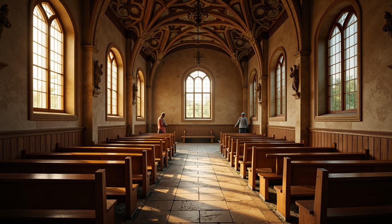 Prompt: Rustic prayer hall, wooden pews, stained glass windows, warm golden light, soft diffused illumination, vaulted ceilings, ancient stone walls, intricate carvings, ornate frescoes, devotional statues, mystical ambiance, serene atmosphere, natural materials, earthy tones, subtle shading, realistic textures, ambient occlusion, 1/1 composition, intimate focal length, warm color palette.