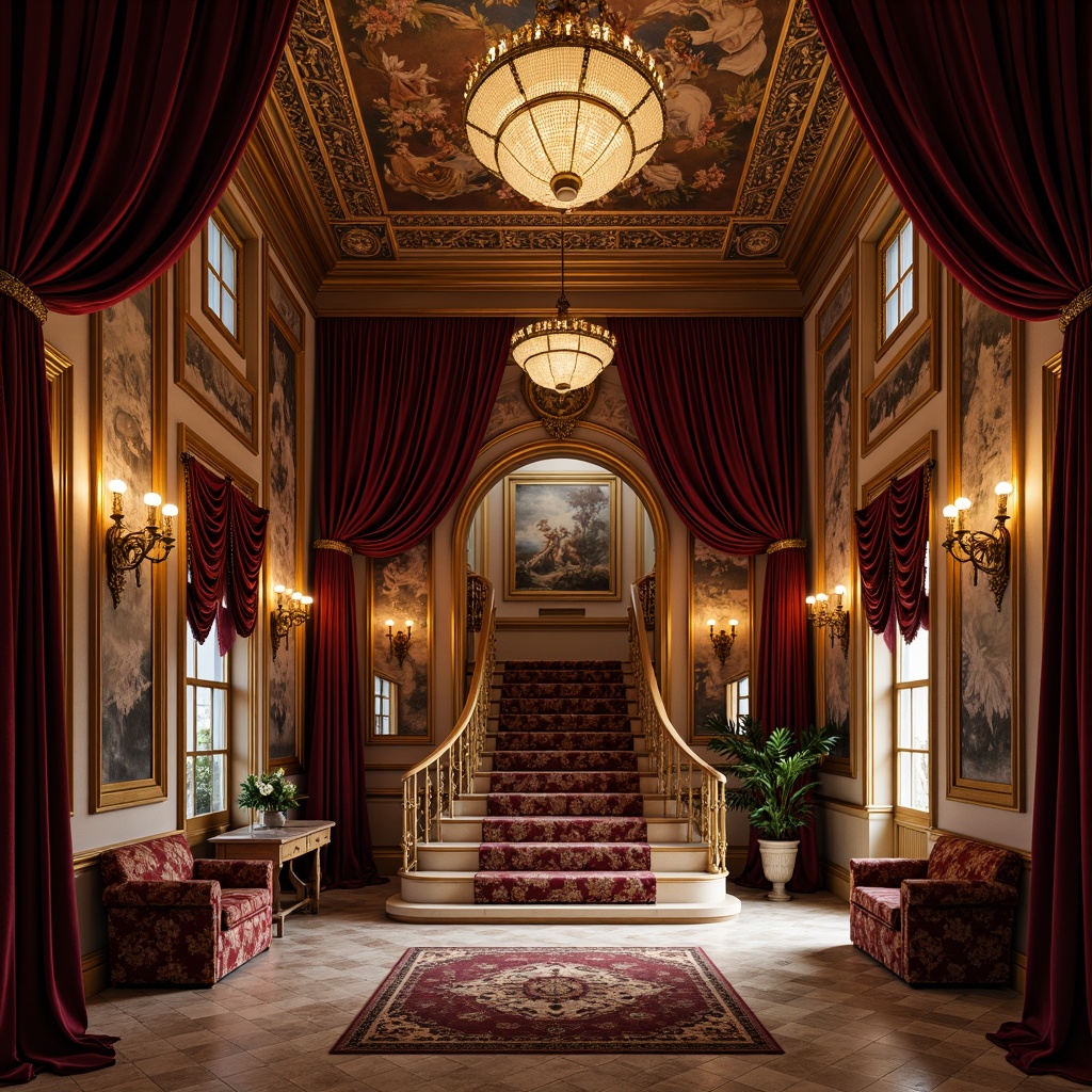 Prompt: Luxurious velvet drapes, intricately carved wooden panels, gilded mirrors, ornate chandeliers, lavish furnishings, richly patterned rugs, grandiose staircases, opulent marble floors, delicate frescoes, intricate moldings, dramatic archways, soft warm candlelight, 1/1 composition, shallow depth of field, realistic textures, ambient occlusion.