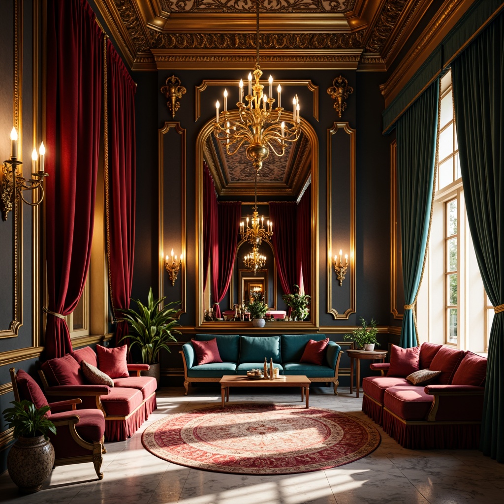 Prompt: Luxurious velvet fabrics, rich jewel-toned colors, ornate gilded frames, dramatic lighting effects, opulent chandeliers, intricate carved wood furniture, lavish marble floors, grandiose architectural details, bold reds and golds, deep blues and emerald greens, warm beige and creamy whites, soft candlelight, high-contrast shadows, 1/1 composition, ornate mirror reflections, realistic fabric textures, ambient occlusion.