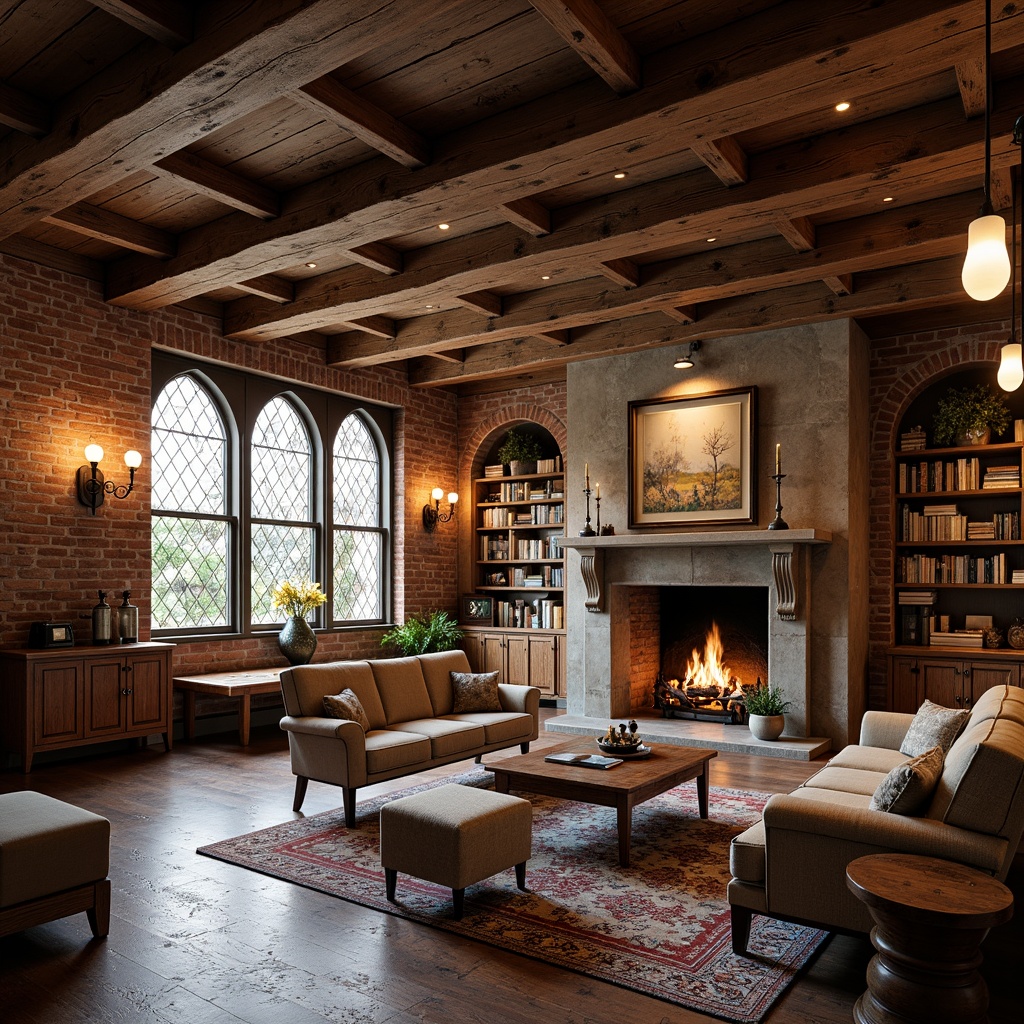 Prompt: Rustic wooden beams, exposed brick walls, earthy color palette, natural stone fireplaces, ornate metalwork, stained glass windows, cozy reading nooks, built-in cabinetry, handcrafted wood furniture, vintage fixtures, distressed finishes, warm ambient lighting, shallow depth of field, 1/1 composition, realistic textures, subtle film grain.