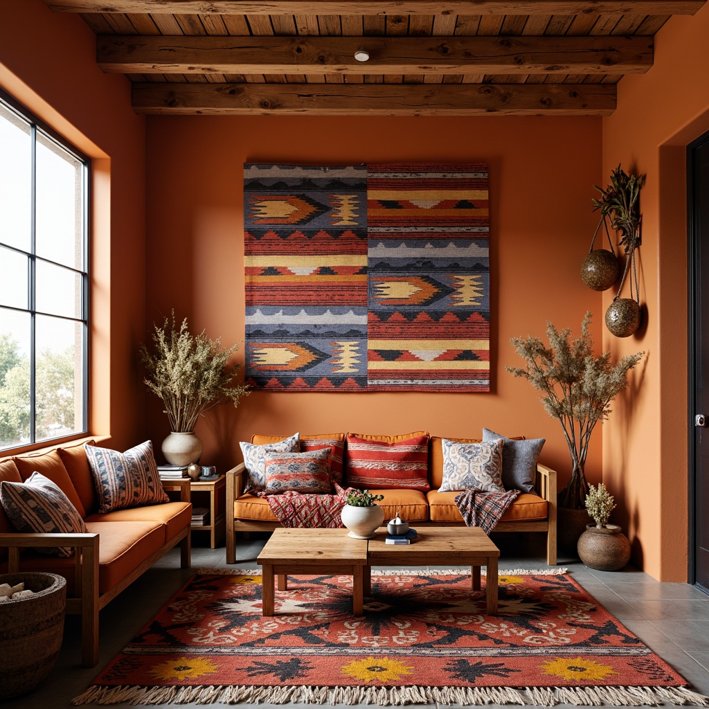 Prompt: Vibrant Native American patterns, bold geometric shapes, earthy terracotta tones, woven wool blankets, colorful serape stripes, intricate pottery designs, rustic wooden furniture, natural fiber rugs, Southwestern-inspired textiles, cozy throw pillows, statement wall hangings, warm ambient lighting, shallow depth of field, 3/4 composition, panoramic view, realistic textures, ambient occlusion.