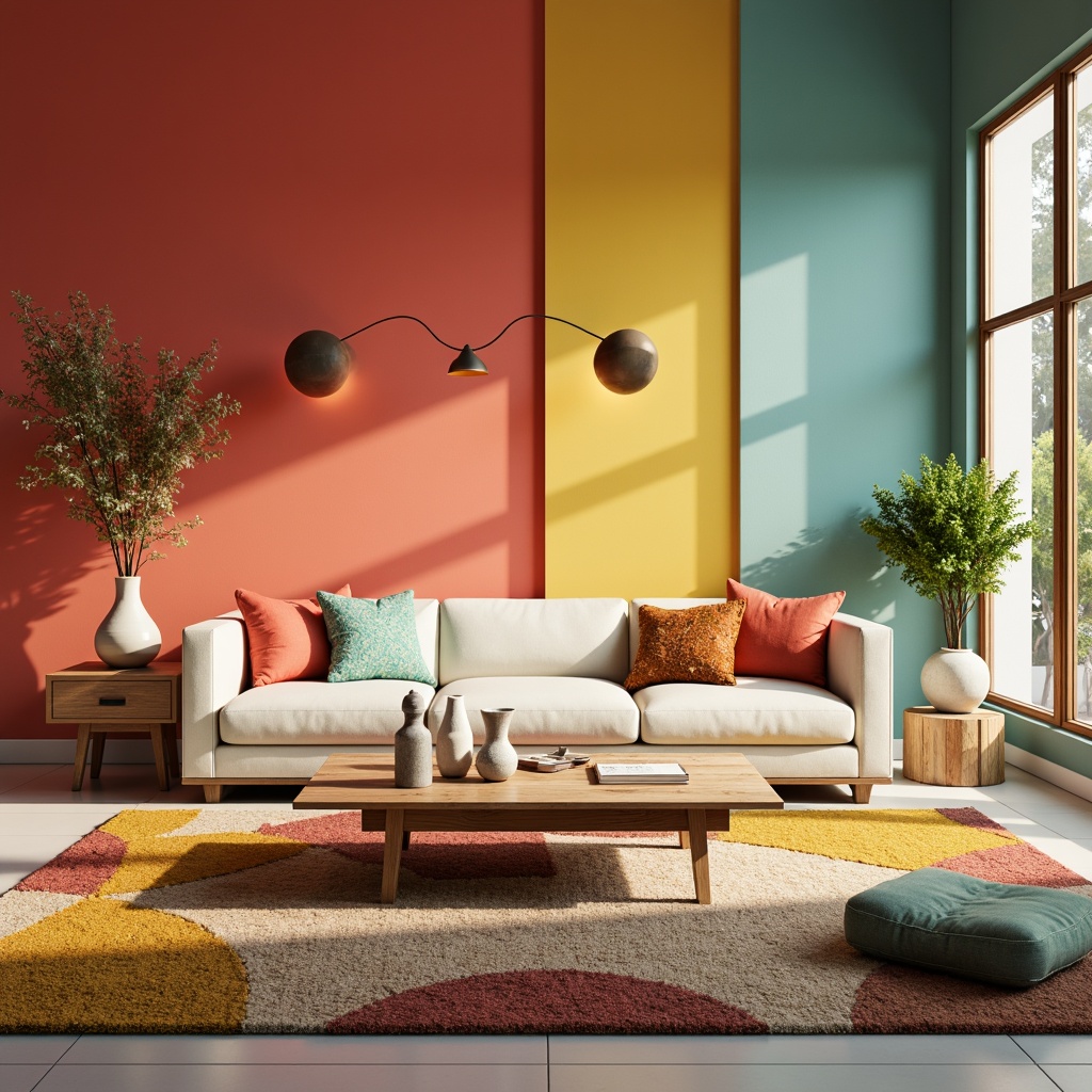 Prompt: Vibrant living room, bold accent walls, creamy white furniture, rich wood tones, plush area rugs, warm golden lighting, cozy throw blankets, eclectic decorative accents, modern minimalist decor, neutral beige background, pops of bright coral, deep teal, and sunny yellow, warm atmospheric glow, soft focus blur, 1/2 composition, realistic textures.