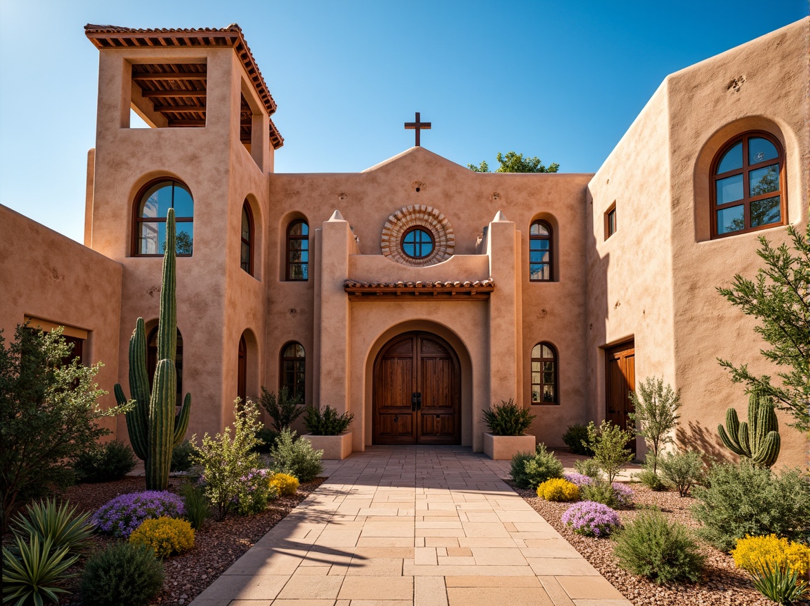 Prompt: Vibrant stained glass windows, southwestern church architecture, adobe-style buildings, earthy tones, terracotta roofs, ornate wooden doors, intricate stone carvings, desert botanicals, cactus flowers, bright sunny day, warm soft lighting, shallow depth of field, 1/2 composition, symmetrical framing, rich cultural heritage, traditional Native American patterns, geometric shapes, bold colors, sacred ambiance, peaceful atmosphere.