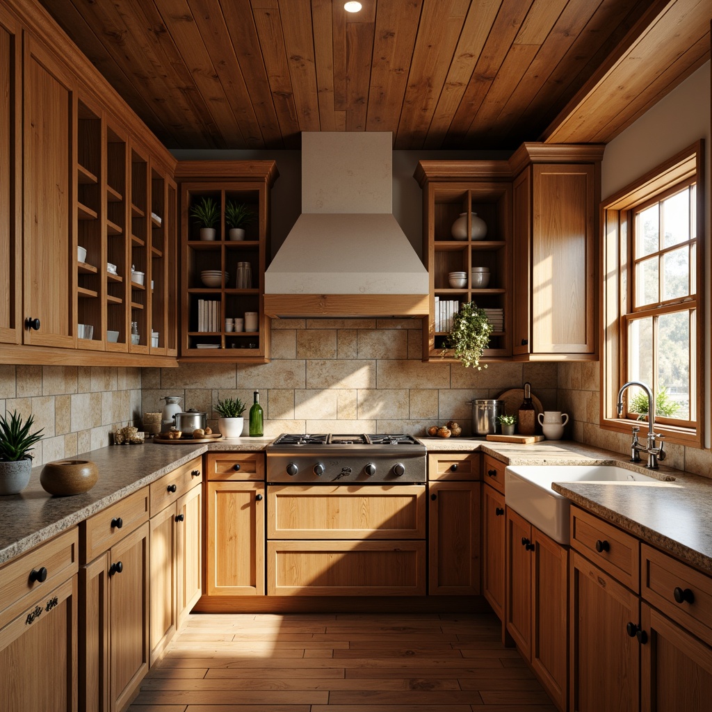 Prompt: Rustic wooden cabinetry, earthy tone finishes, decorative trims, ornate hardware, warm beige countertops, natural stone backsplashes, farmhouse sink, apron-front cabinets, open shelving, pendant lighting, soft warm glow, traditional craftsman style, rectangular lines, robust wood grains, cozy kitchen atmosphere, morning sunlight, shallow depth of field, 1/1 composition, realistic textures, ambient occlusion.