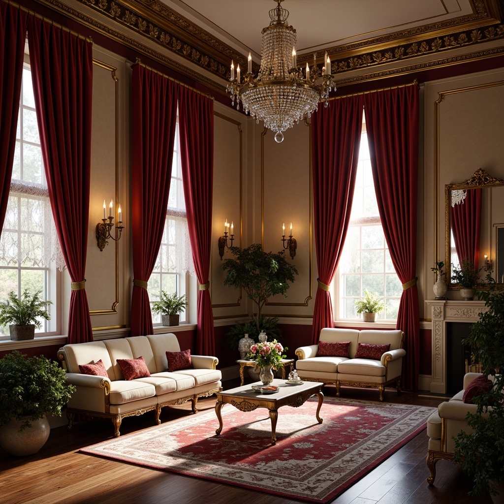 Prompt: Luxurious velvet drapes, ornate gold frames, intricately carved wooden furniture, richly patterned rugs, crystal chandeliers, lavish marble floors, grandiose mirrors, opulent tufted sofas, regal throne-like chairs, exquisite porcelain vases, delicate lace curtains, warm candlelight, soft warm colors, shallow depth of field, 1/1 composition, realistic textures, ambient occlusion.