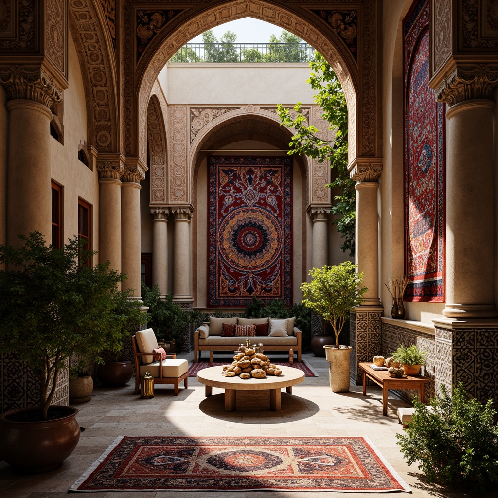 Prompt: Richly patterned traditional fabrics, vibrant cultural colors, intricately woven tapestries, majestic arches, ornate columns, grand atrium, lush greenery, natural stone flooring, warm soft lighting, shallow depth of field, 3/4 composition, realistic textures, ambient occlusion, Moroccan-inspired architecture, Islamic geometric patterns, luxurious velvet drapes, antique wooden accents, hand-carved furniture, intricately designed rugs, ornate metalwork, cultural artifact displays, traditional craft exhibitions.