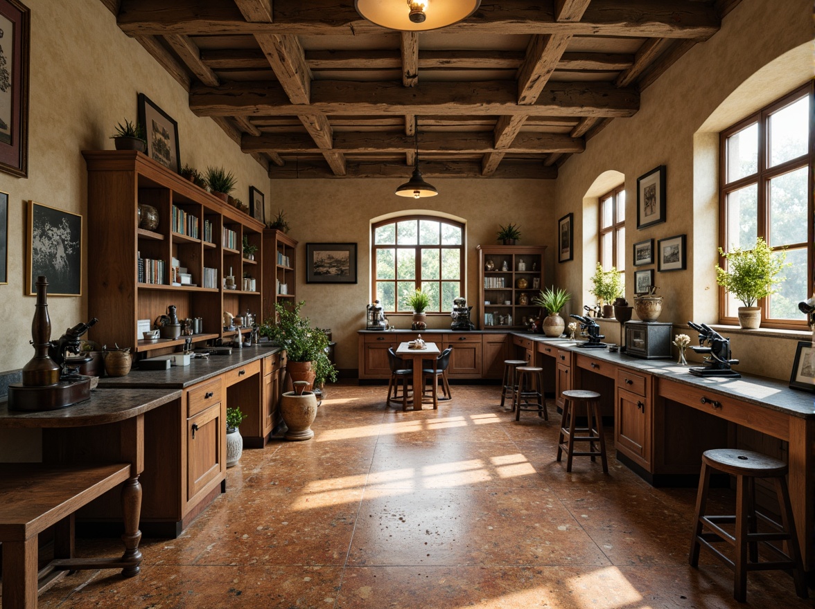 Prompt: Rustic laboratory setting, Terrazzo flooring, earthy tones, subtle shine, flecked patterns, warm beige walls, wooden cabinetry, antique scientific equipment, vintage microscopes, distressed metal tables, worn leather stools, soft overhead lighting, 1/1 composition, shallow depth of field, realistic textures, ambient occlusion.