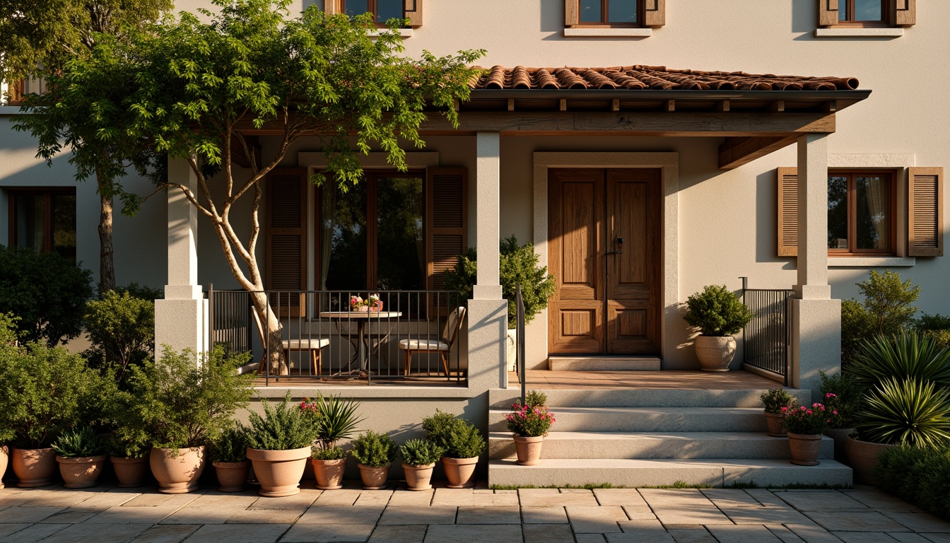 Prompt: Rustic villa facade, earthy tones, natural stone walls, wooden shutters, terracotta roof tiles, lush greenery, overflowing vines, ornate metalwork, distressed wood doors, wrought iron railings, warm golden lighting, soft focus, shallow depth of field, 1/2 composition, romantic ambiance, rustic textures, atmospheric mist.