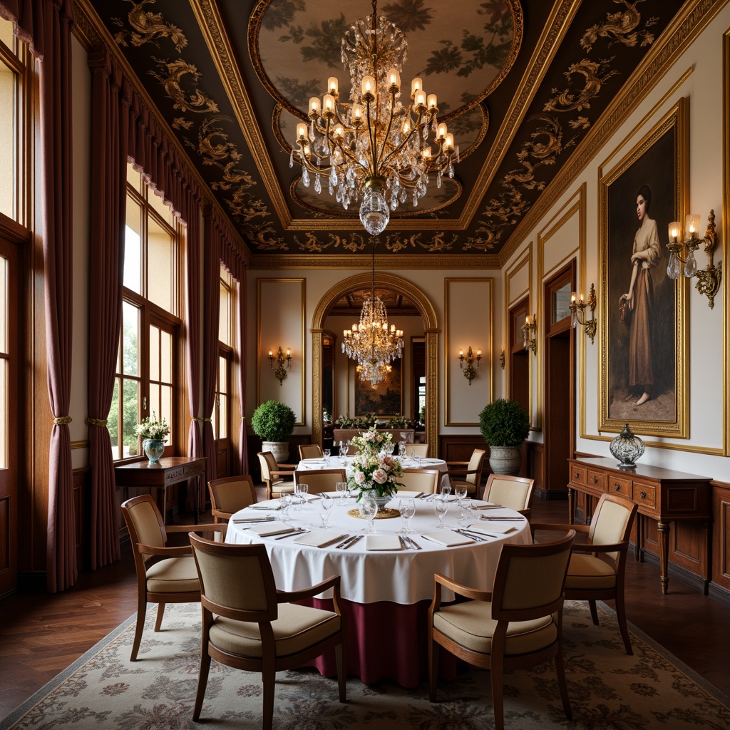 Prompt: Elegant neoclassical dining hall, ornate wall moldings, rich wood paneling, gilded frames, intricate carvings, marble wainscoting, crystal chandeliers, luxurious fabrics, velvet drapes, golden accents, subtle lighting, shallow depth of field, 1/1 composition, realistic textures, ambient occlusion.