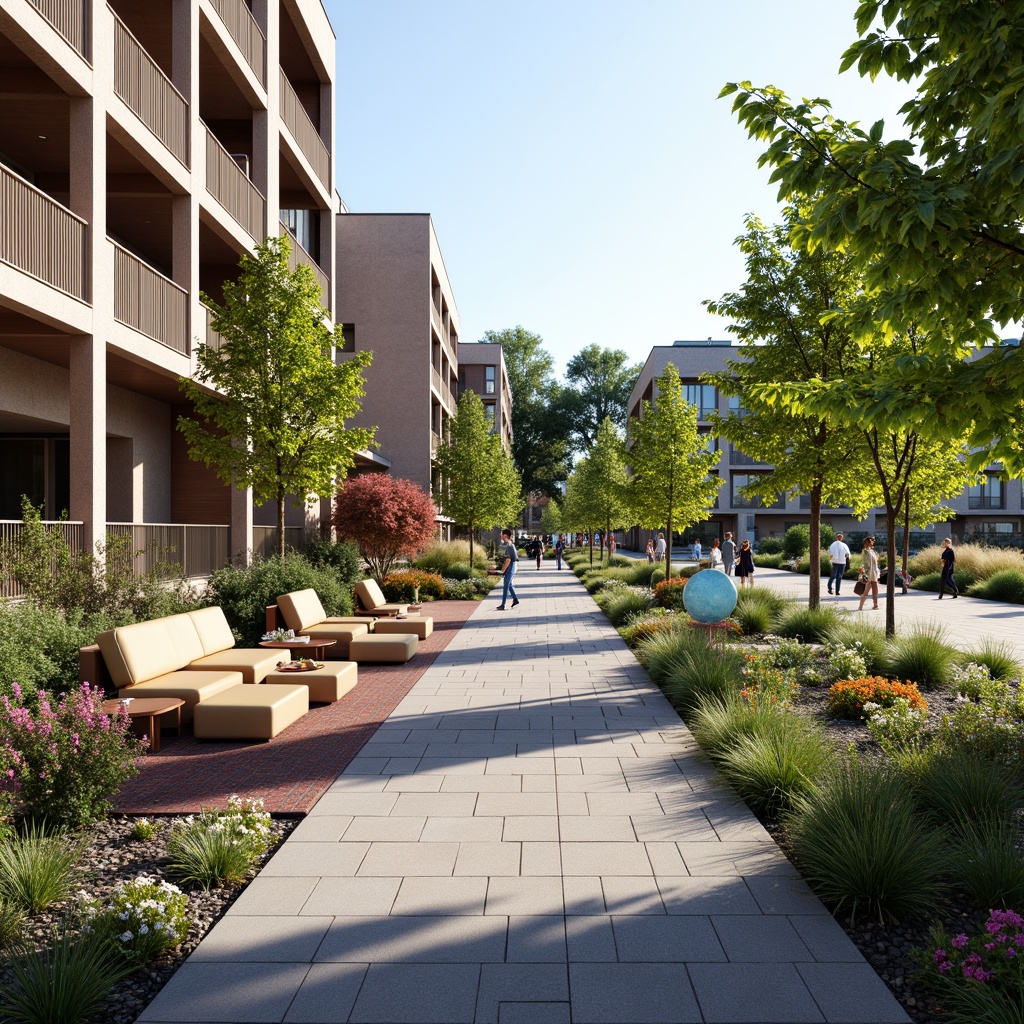 Prompt: Vibrant community center, modern architecture, open spaces, comfortable seating areas, interactive public art, engaging street furniture, pedestrian-friendly walkways, lush greenery, blooming flowers, natural stone paving, warm color schemes, soft ambient lighting, shallow depth of field, 3/4 composition, panoramic view, realistic textures, ambient occlusion.