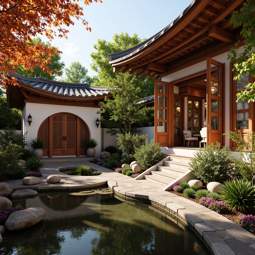 Prompt: Vibrant Asian-inspired architecture, intricately carved wooden doors, ornate lanterns, traditional Chinese tiles, majestic Buddha statues, serene water features, lush greenery, natural stone pathways, tranquil koi ponds, subtle cherry blossom patterns, warm golden lighting, shallow depth of field, 1/1 composition, realistic textures, ambient occlusion.