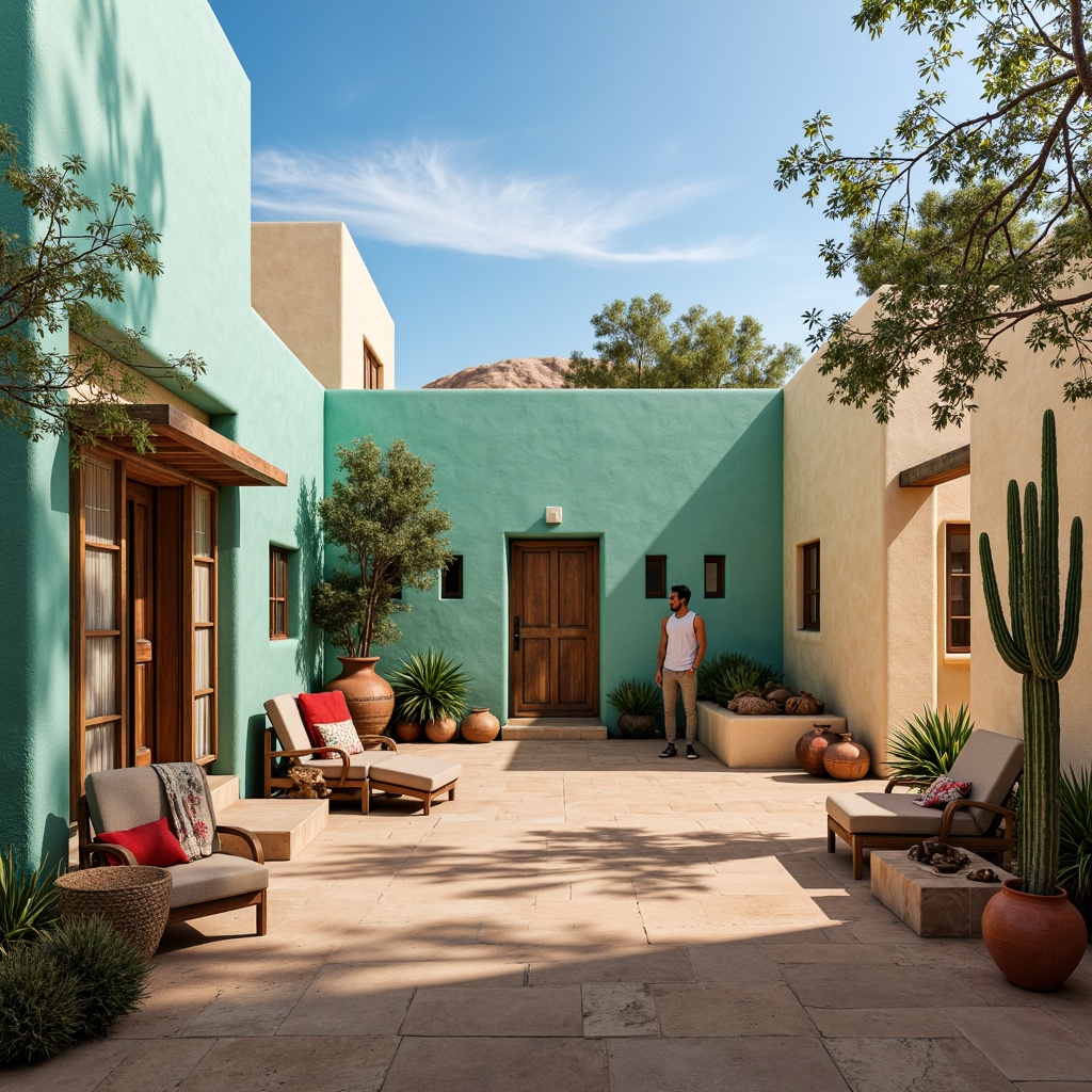 Prompt: Vibrant turquoise walls, warm beige stucco, rustic wooden accents, desert landscape, cacti silhouettes, sunny afternoon, soft warm lighting, adobe architecture, earthy clay tones, terracotta pots, woven textiles, geometric patterns, bold red accents, natural stone floors, vintage Native American pottery, distressed wood furniture, sandy dunes, clear blue skies, warm neutral backgrounds, 1/1 composition, realistic textures, ambient occlusion.