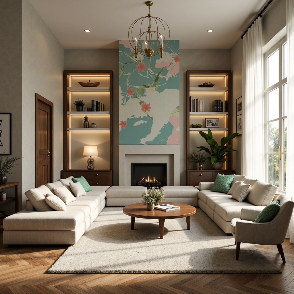 Prompt: Vibrant living room, bold accent walls, rich wood flooring, plush furniture, soft pastel hues, calming atmosphere, natural light, sheer curtains, elegant chandeliers, luxurious textiles, warm beige tones, creamy whites, deep blues, emerald greens, metallic accents, subtle patterns, 3/4 composition, shallow depth of field, warm golden lighting, realistic renderings.