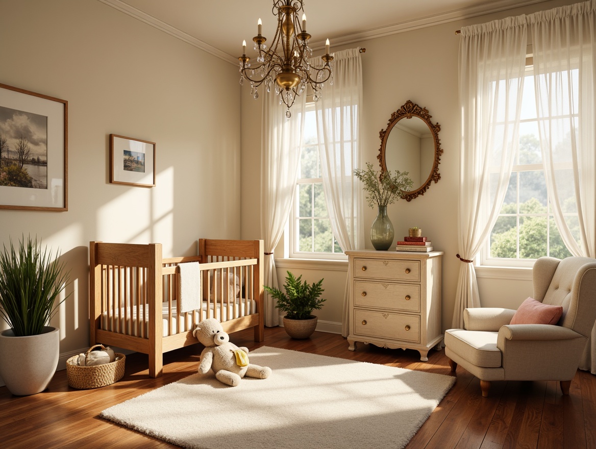 Prompt: Whimsical baby nursery, soft warm lighting, cream-colored walls, elegant chandeliers, delicate lace curtains, plush area rugs, wooden crib, intricate carvings, vintage toys, pastel colors, gentle morning light, shallow depth of field, 1/1 composition, warm color palette, ornate picture frames, classic furniture pieces, floral patterns, subtle textures, cozy ambiance.