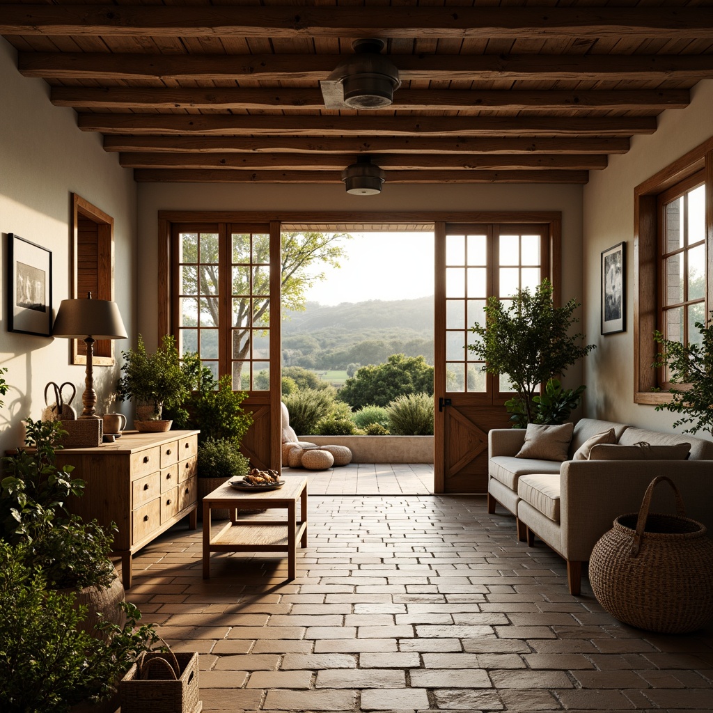 Prompt: Rustic farmhouse, vintage decor, distressed wood accents, reclaimed barn wood floors, natural stone tiles, earthy tone color palette, matte finish, wide plank flooring, herringbone pattern, warm ambient lighting, cozy atmosphere, nature-inspired textiles, woven baskets, potted plants, countryside views, rolling hills, sunny afternoon, soft warm glow.