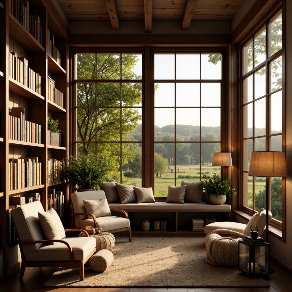 Prompt: Cozy farmhouse library, warm wooden shelves, vintage book collections, plush armchairs, soft cushions, natural textiles, earthy color palette, rustic metal lanterns, table lamps with linen shades, floor lamps with burlap covers, warm LED lighting, softbox lighting, layered lighting, cozy reading nooks, built-in window seats, large windows with countryside views, lush greenery, rolling hills, sunny afternoon, warm golden lighting, 1/2 composition, shallow depth of field, realistic textures, ambient occlusion.