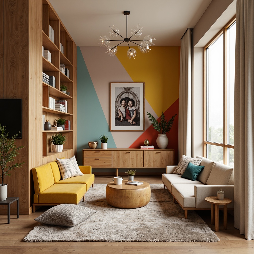 Prompt: Vibrant living room, bold accent walls, rich wood tones, soft pastel hues, creamy whites, warm beige floors, plush velvet furniture, metallic gold accents, cozy reading nooks, natural light pouring in, sheer curtains, elegant chandeliers, sophisticated ambiance, atmospheric lighting, 1/1 composition, shallow depth of field, realistic textures.