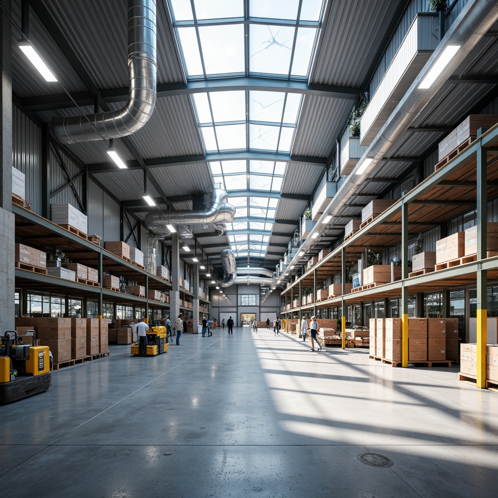 Prompt: Industrial distribution center, exposed ductwork, polished concrete floors, minimalist aesthetic, large skylights, clerestory windows, transparent roofing, solar tubes, natural ventilation systems, open layout, flexible workspaces, modular shelving units, metallic racking systems, bright color accents, reflective surfaces, high ceilings, airy atmosphere, soft diffused lighting, 1/2 composition, realistic textures, subtle shading.