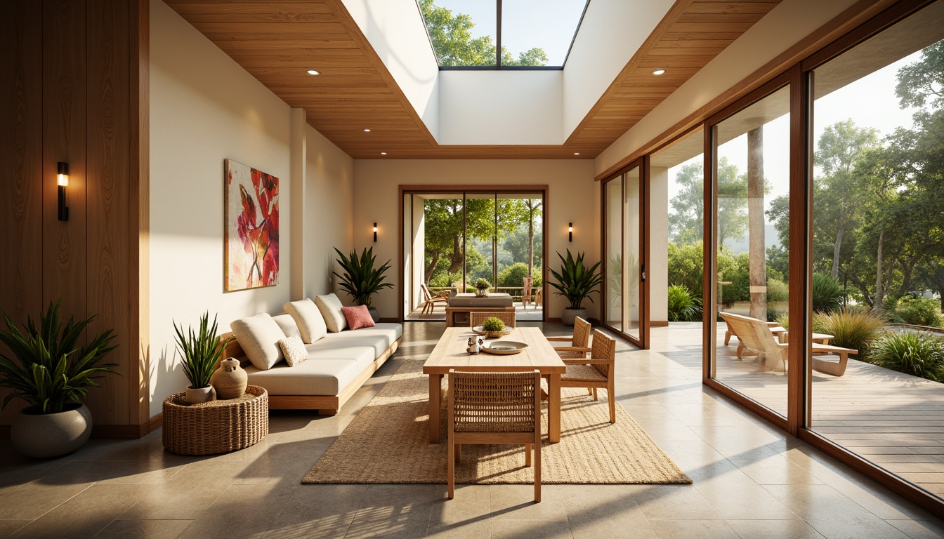 Prompt: Cozy breakfast nook, warm wooden accents, soft cream walls, large skylight, clerestory windows, sliding glass doors, natural stone flooring, woven rattan furniture, plush cushions, greenery views, morning sunlight, gentle warm lighting, shallow depth of field, 1/1 composition, realistic textures, ambient occlusion.