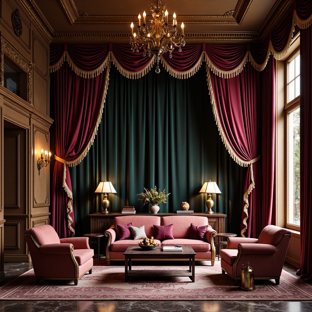 Prompt: Rich velvet drapes, ornate gold accents, luxurious jewel tones, deep crimson reds, regal navy blues, opulent emerald greens, lavish purple hues, intricate marble patterns, warm golden lighting, dramatic shadows, highly ornate details, antique furniture pieces, lavish textiles, soft brush strokes, highly realistic renderings.