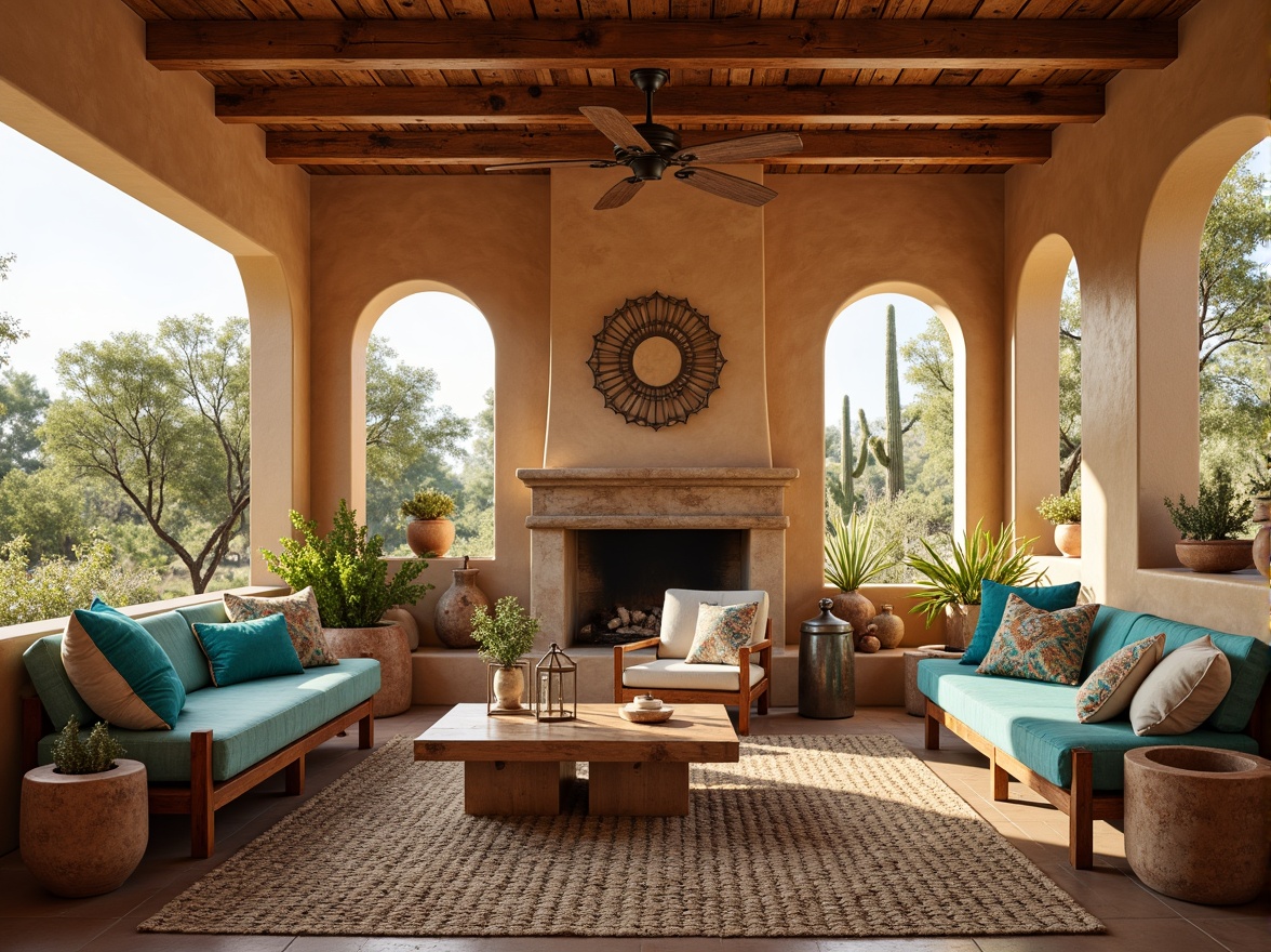 Prompt: Vibrant southwestern interior, bold turquoise accents, natural woven textiles, rustic wooden furniture, distressed leather sofas, chunky patterned rugs, earthy terracotta vases, geometric-patterned throw pillows, metallic lanterns, warm beige stucco walls, reclaimed wood ceiling beams, arched windows, desert landscape views, cacti plants, warm afternoon sunlight, soft warm lighting, shallow depth of field, 1/1 composition, realistic textures, ambient occlusion.