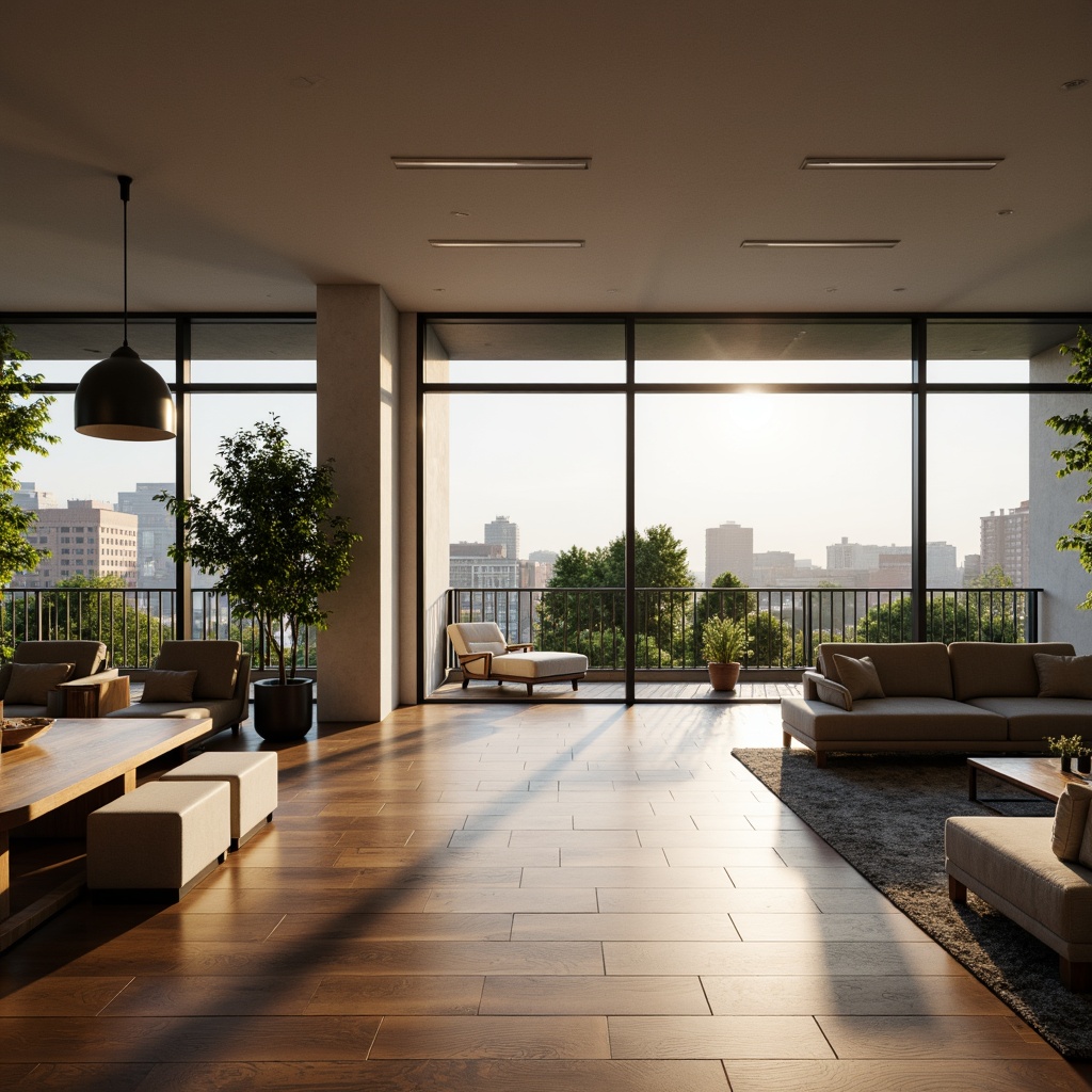 Prompt: Spacious open-plan living area, minimalist interior design, sleek wooden flooring, floor-to-ceiling windows, natural light pouring in, modern furniture with clean lines, greenery-filled balcony, urban cityscape views, morning sunlight, soft warm glow, shallow depth of field, 1/1 composition, panoramic view, realistic textures, ambient occlusion, airy atmosphere, comfortable seating areas, stylish pendant lighting, industrial-chic metal accents.