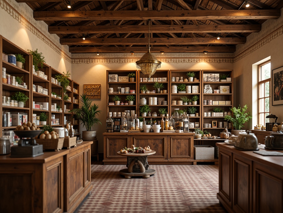 Prompt: Rustic grocery store interior, warm beige walls, wooden crates, vintage metal shelves, classic ornate details, rich textiles patterns, red and blue stripes, golden accents, soft warm lighting, shallow depth of field, 1/1 composition, realistic textures, ambient occlusion, nostalgic atmosphere, earthy tones, ceramic floor tiles, wooden counter tops, woven baskets, antique scales, distressed finishes, elegant typography.