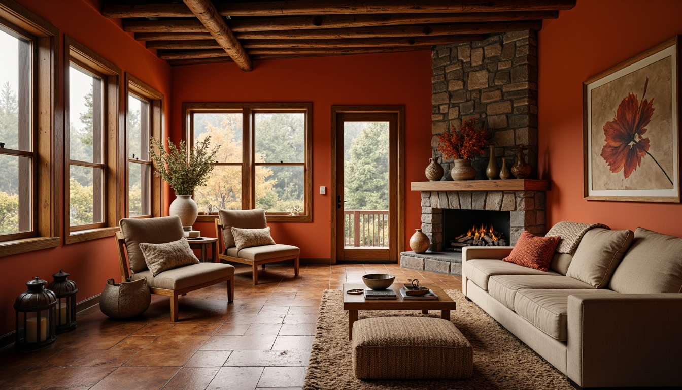 Prompt: Warm orange red accent walls, natural wood tones, earthy terracotta floors, handmade ceramic vases, woven wicker furniture, plush throw blankets, vintage metal lanterns, distressed wooden beams, cozy reading nooks, rich leather armchairs, rustic stone fireplaces, autumnal forest views, soft warm lighting, shallow depth of field, 1/2 composition, intimate atmosphere, organic textures, subtle color gradients.