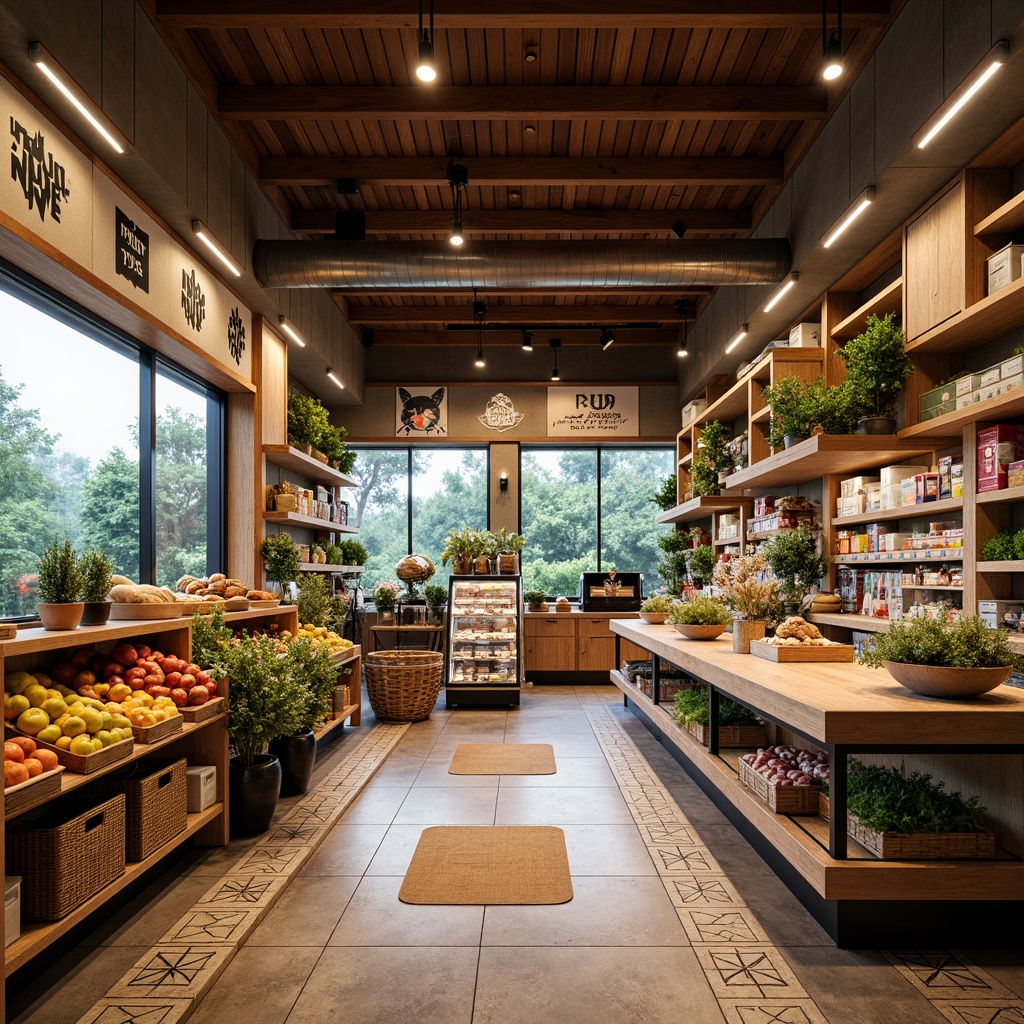 Prompt: Mid-century modern grocery store interior, warm wooden shelves, sleek metal racks, geometric patterned tiles, vintage-inspired signage, reclaimed wood accents, minimalist product displays, natural stone floors, large windows, abundant natural light, soft warm lighting, 3/4 composition, realistic textures, ambient occlusion, functional storage units, adjustable shelving systems, modular display cases, integrated refrigeration units, rustic wooden crates, woven wicker baskets, earthy color palette.