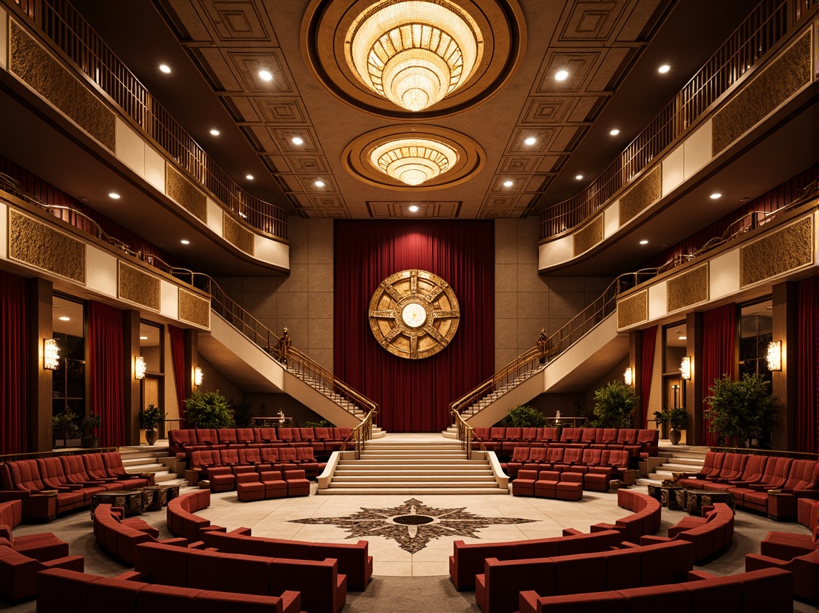 Prompt: Luxurious amphitheater, ornate Art Deco interior, grandiose staircase, richly texturered surfaces, velvet curtains, metallic accents, geometric patterns, opulent chandeliers, marble floors, lavish furnishings, sunken seating areas, dramatic spotlights, warm golden lighting, high-contrast shadows, 1/2 composition, low-angle shot, cinematic atmosphere, realistic reflections, intricate moldings.