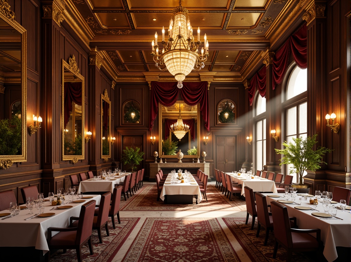 Prompt: Elegant dining hall, ornate chandeliers, luxurious velvet drapes, carved wooden furniture, gilded frames, marble flooring, grandiose columns, symmetrical layout, high ceilings, crystal glassware, fine china, regal throne-like chairs, intricately patterned rugs, warm golden lighting, soft focus, 1/2 composition, atmospheric perspective, realistic textures, subtle ambient occlusion.