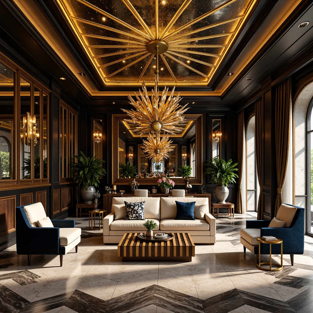 Prompt: Luxurious gold accents, ornate metalwork, geometric patterns, velvet drapes, marble walls, metallic leafing, glossy finishes, bold color blocking, hexagonal tiles, chevron designs, sunburst motifs, opulent textures, lavish furnishings, rich jewel tones, sophisticated ambiance, dramatic lighting, high-gloss paint, luxurious fabrics, intricate moldings, ornate mirrors, grandiose proportions.