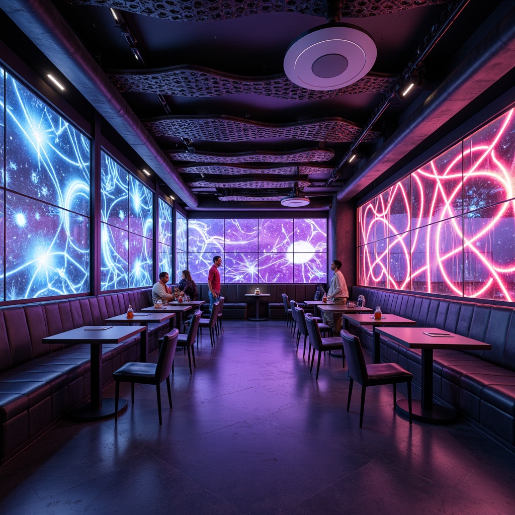 Prompt: Futuristic coffee shop interior, neon-lit walls, holographic displays, metallic accents, glowing LED lights, undulating curves, minimalist tables, sleek chairs, avant-garde art pieces, space-age inspired decor, kinetic sculptures, iridescent colors, high-tech materials, 3D-printed designs, geometric patterns, cyberpunk vibe, dark ambient lighting, shallow depth of field, cinematic composition, panoramic view, realistic reflections, ambient occlusion.