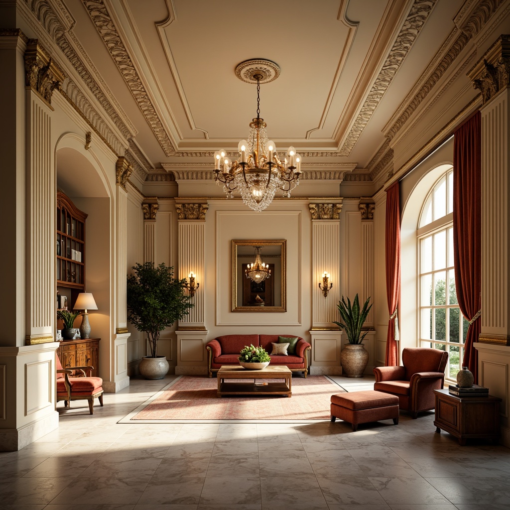 Prompt: Elegant molding details, ornate ceiling designs, luxurious interior spaces, opulent furnishings, velvet upholstery, crystal chandeliers, refined wall paneling, sophisticated archways, polished wood accents, creamy marble surfaces, soft warm lighting, dramatic shadows, high-contrast colors, 1/2 composition, shallow depth of field, realistic textures, ambient occlusion.